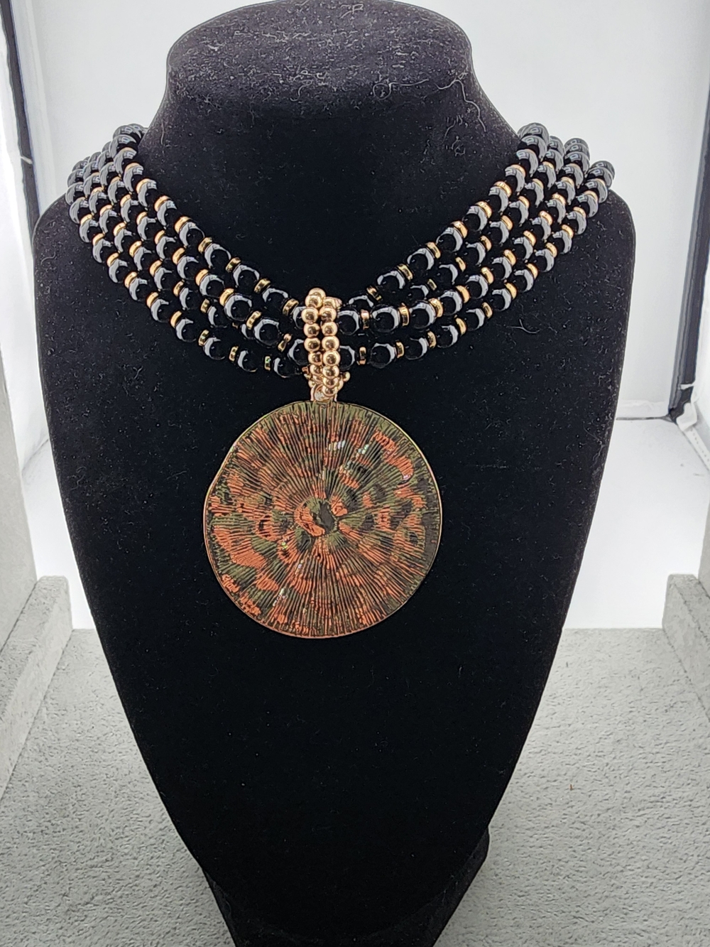 19" Bold Black Beaded Choker Necklace with Gold-Tone Pendant
